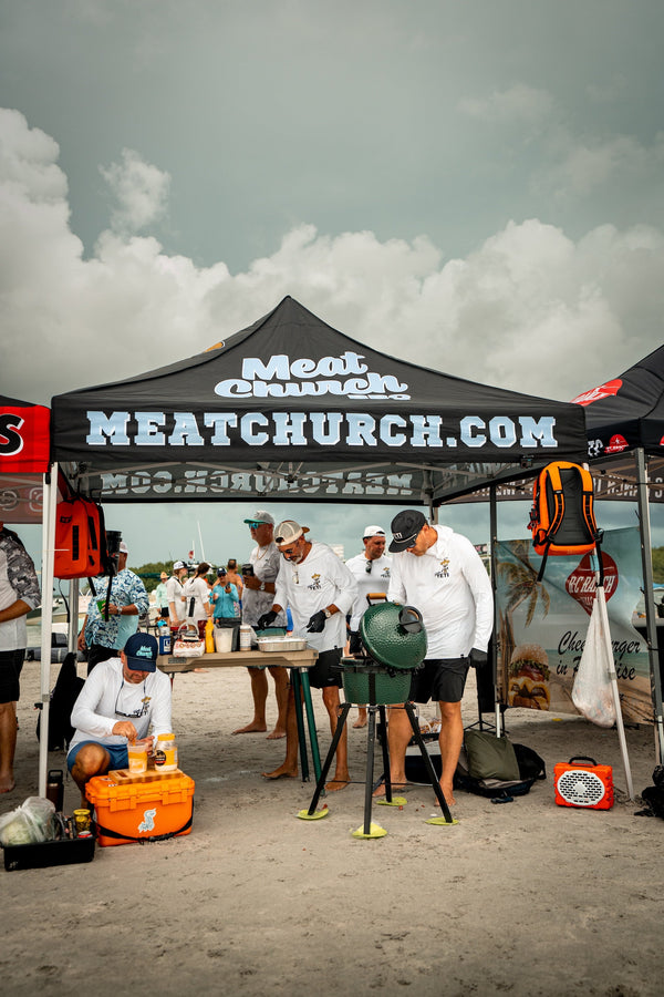 MeatChurch cooking on the beach with Turtlebox playing music