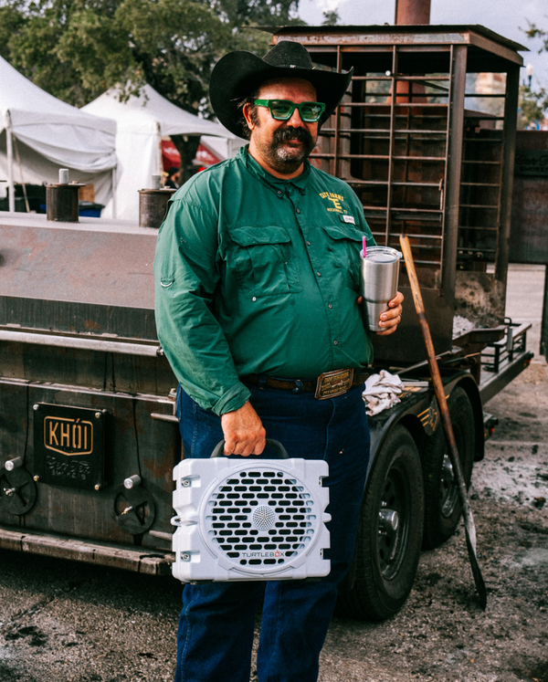 Evan Tate with his White Turtlebox Grande