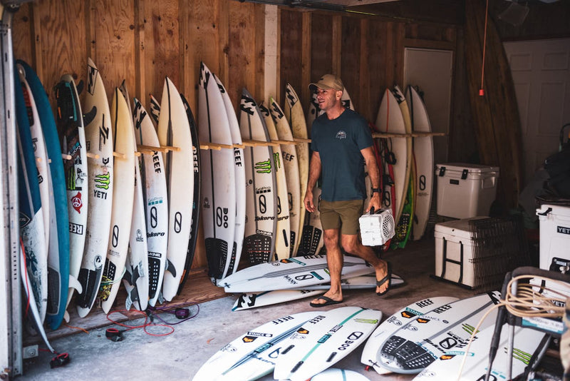 Shane Dorian with his Turtlebox and surfboards