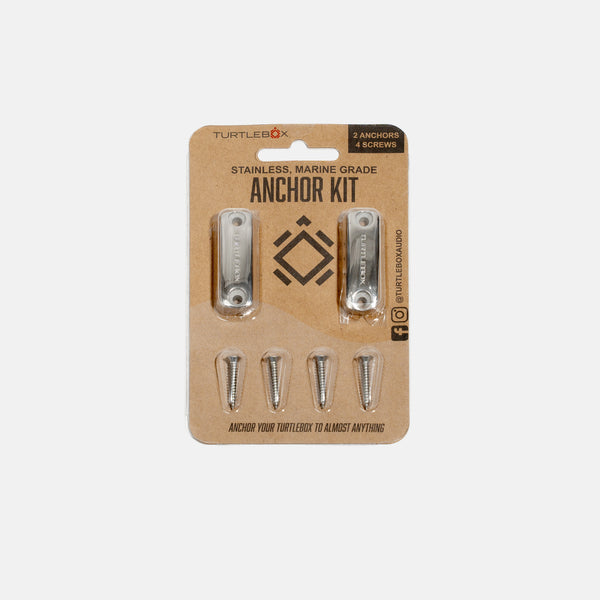 Turtlebox lifestyle anchor kit packaging with screws on a beige background