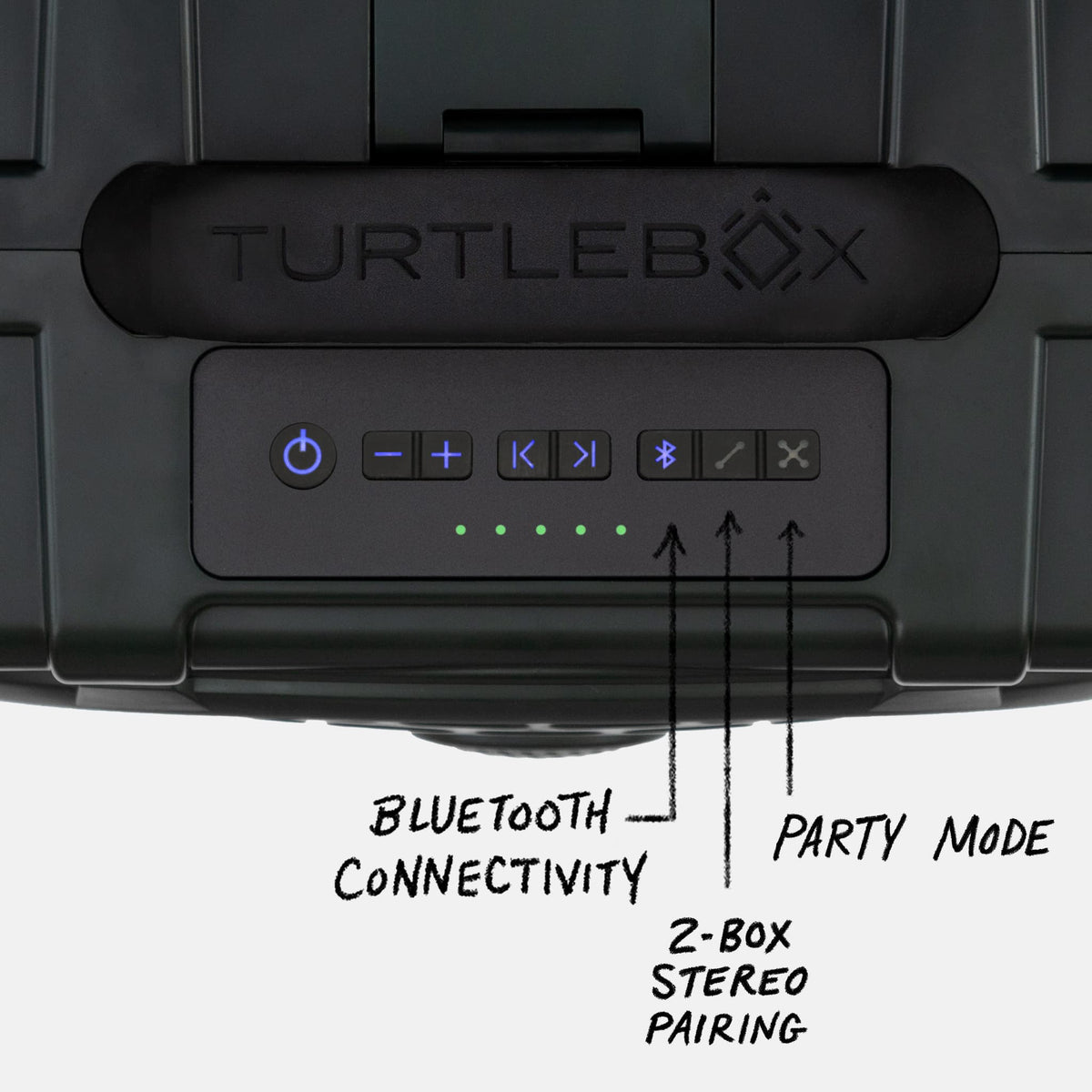 Studio shot of an Original speaker in Green showing the panel view with all buttons and highlighting the Bluetooth connectivity, 2-Box Stereo pairing, and Party mode #speaker-color_green