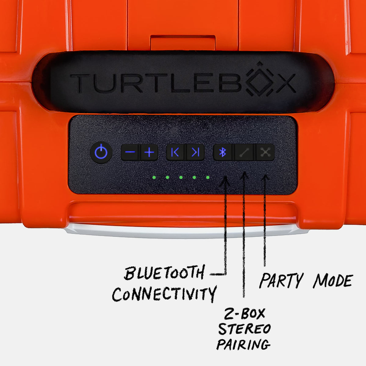 Studio shot of a Original speaker in Orange showing the panel view with all buttons and highlighting the Bluetooth connectivity, 2-Box Stereo pairing and Party mode #speaker-color_orange