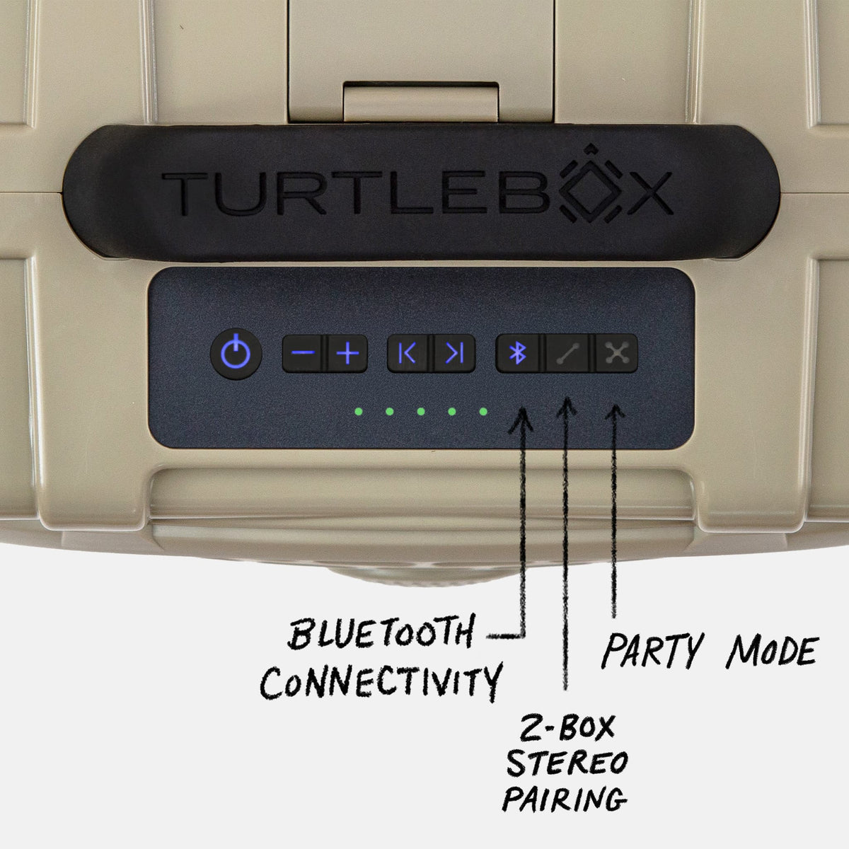 Studio shot of a Original speaker in Tan showing the panel view with all buttons and highlighting the Bluetooth connectivity, 2-Box Stereo pairing and Party mode #speaker-color_tan