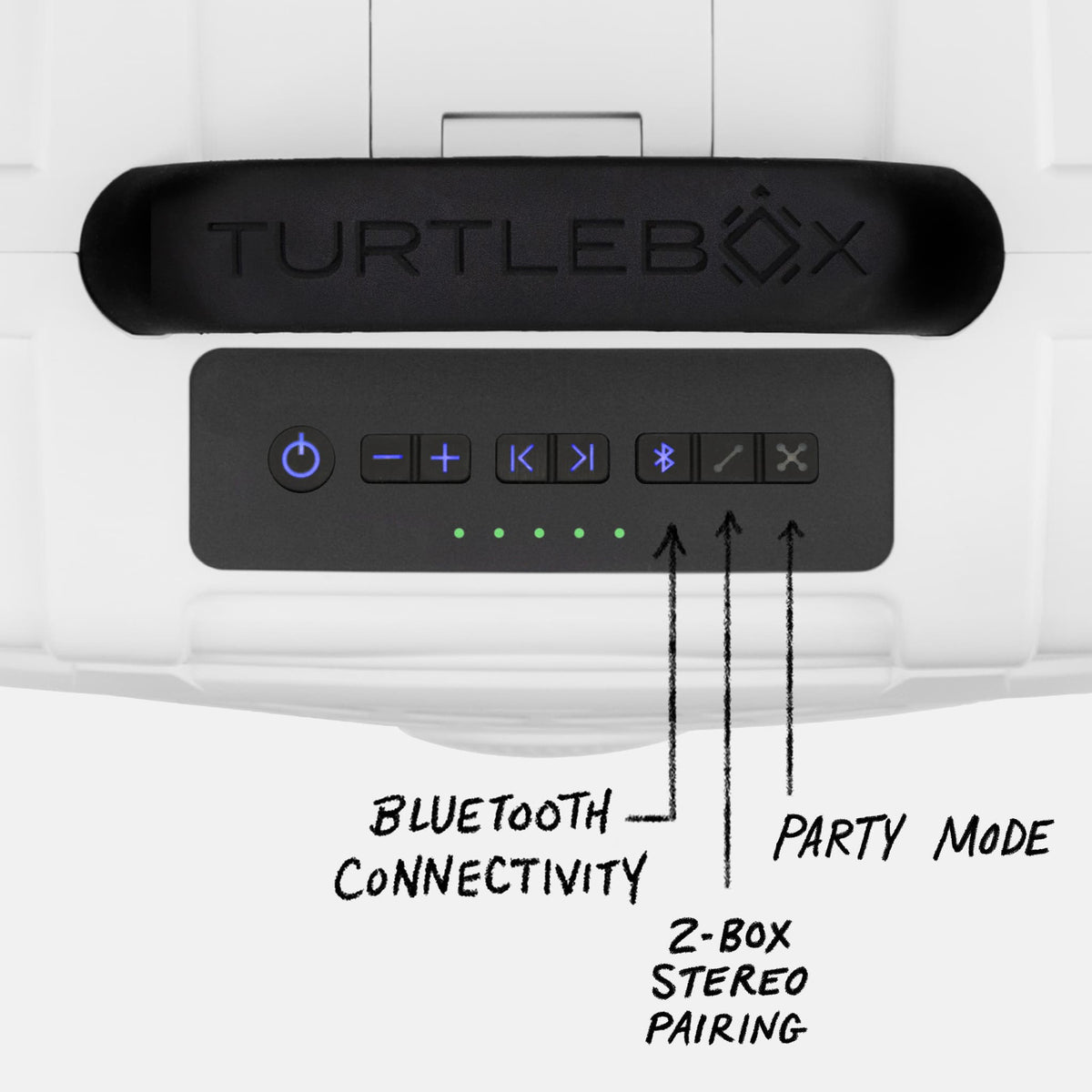 White Original speaker top view showing control panel, with information showing Bluetooth Connectivity, 2 Box Stereo pairing and Party Mode #speaker-color_white