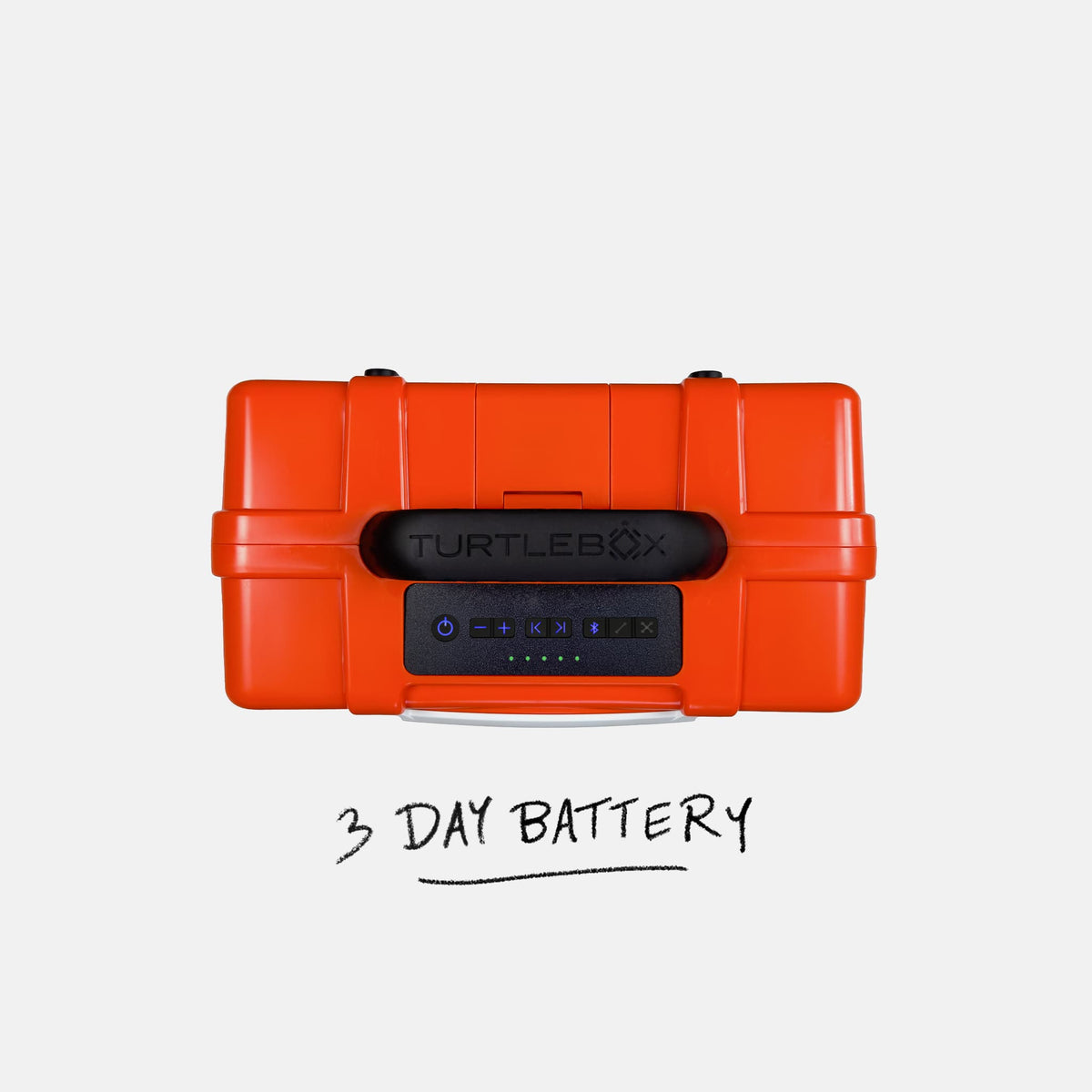 Turtlebox Original speaker in orange top view with a label saying 3-day battery #speaker-color_orange