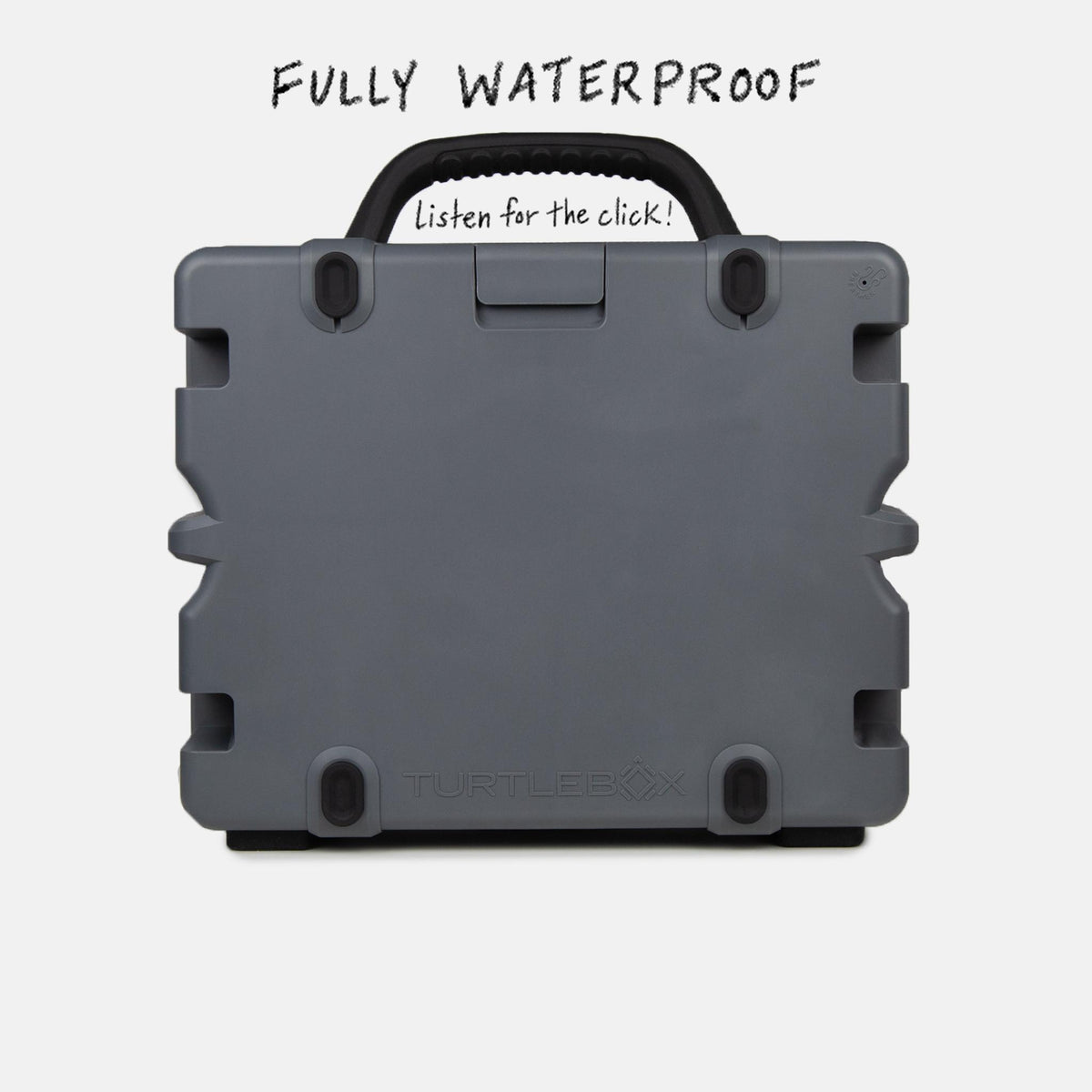 Turtlebox Grande speaker in gray back view saying fully waterproof, listen for the click #speaker-color_gray