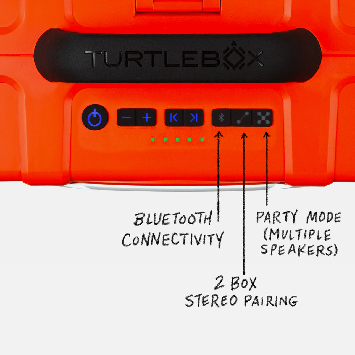 Turtlebox Grande speaker in orange panel view highlighting the bluetooth connectivity, the 2 box stereo pairing and the Party Mode for multiple speakers #speaker-color_orange