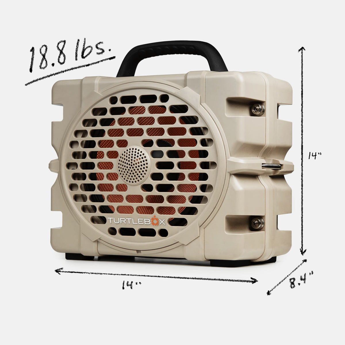 Turtlebox Grande speaker in tan with measures, 18.8 pounds, 14 inches width, 11.5 inches height and 8.4 inches depth #speaker-color_tan