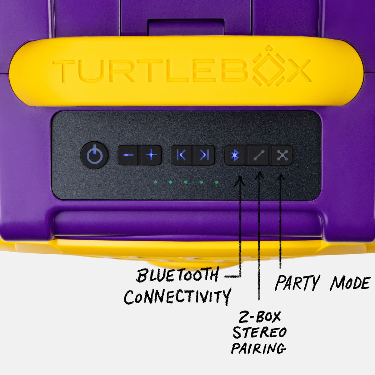 Purple & Gold LSU Original speaker top view showing control panel, with information showing Bluetooth Connectivity, 2 Box Stereo pairing and Party Mode #speaker-color_purple-gold-gameday-series