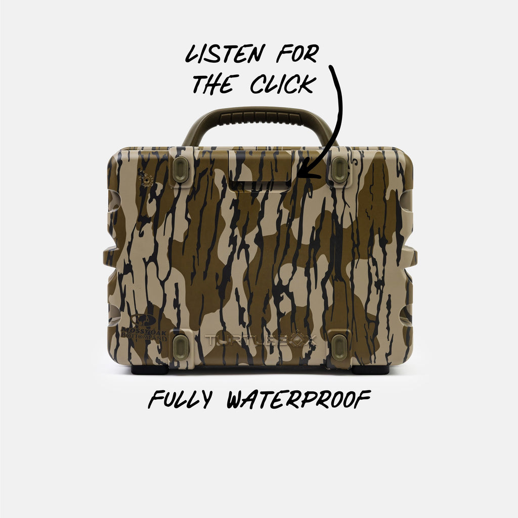 A rugged rectangular hard case with a tan, brown, and black camouflage-style pattern, shown on a light gray background with handwritten text reading 'LISTEN FOR THE CLICK' and 'FULLY WATERPROOF.' No person, animal, or real environment is present, so this is Product/Packaging rather than Lifestyle.