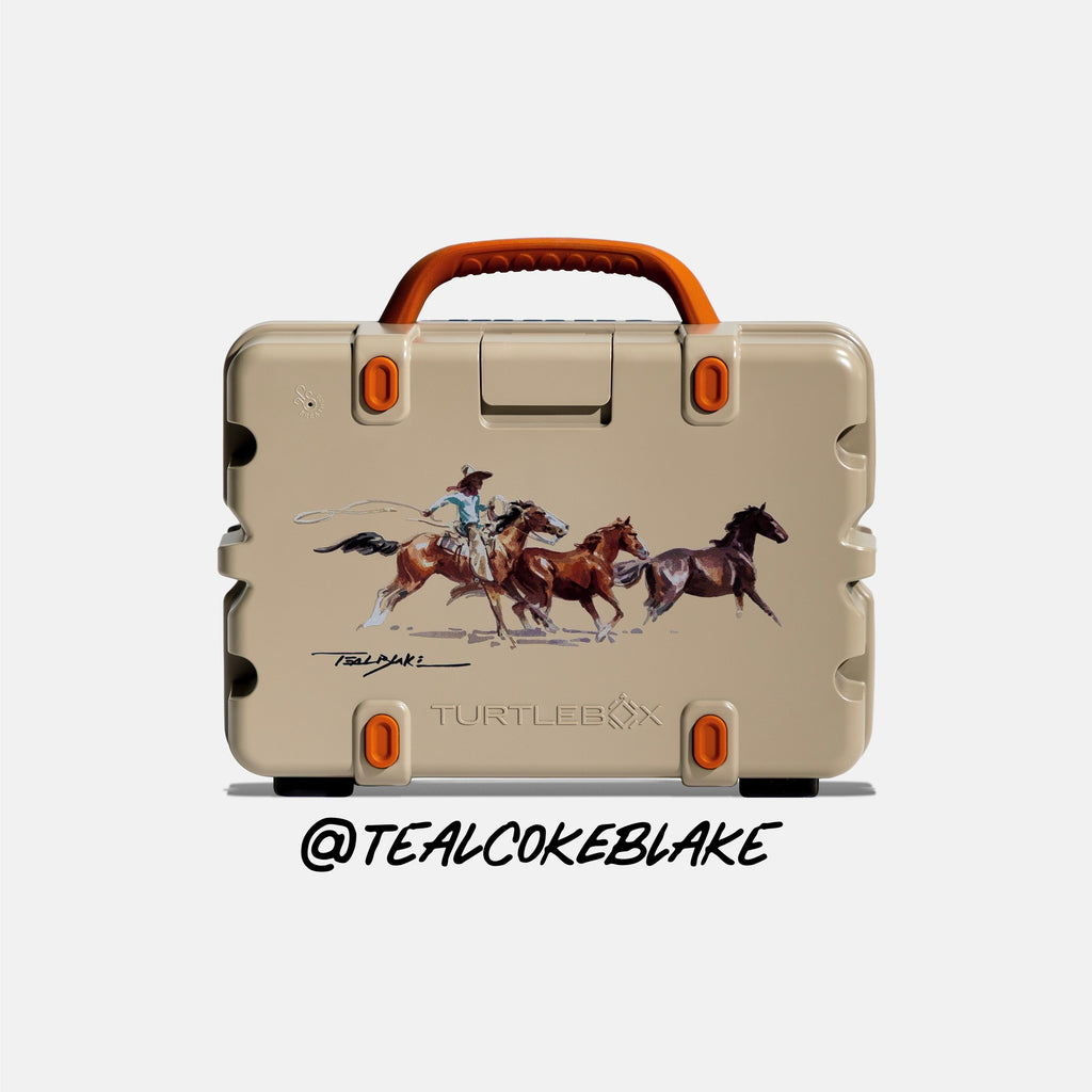 Original Gen 3 Western variant Tan and Burnt Orange Back View with the Teal Blake art and @tealcokeblake label #speaker-color_western