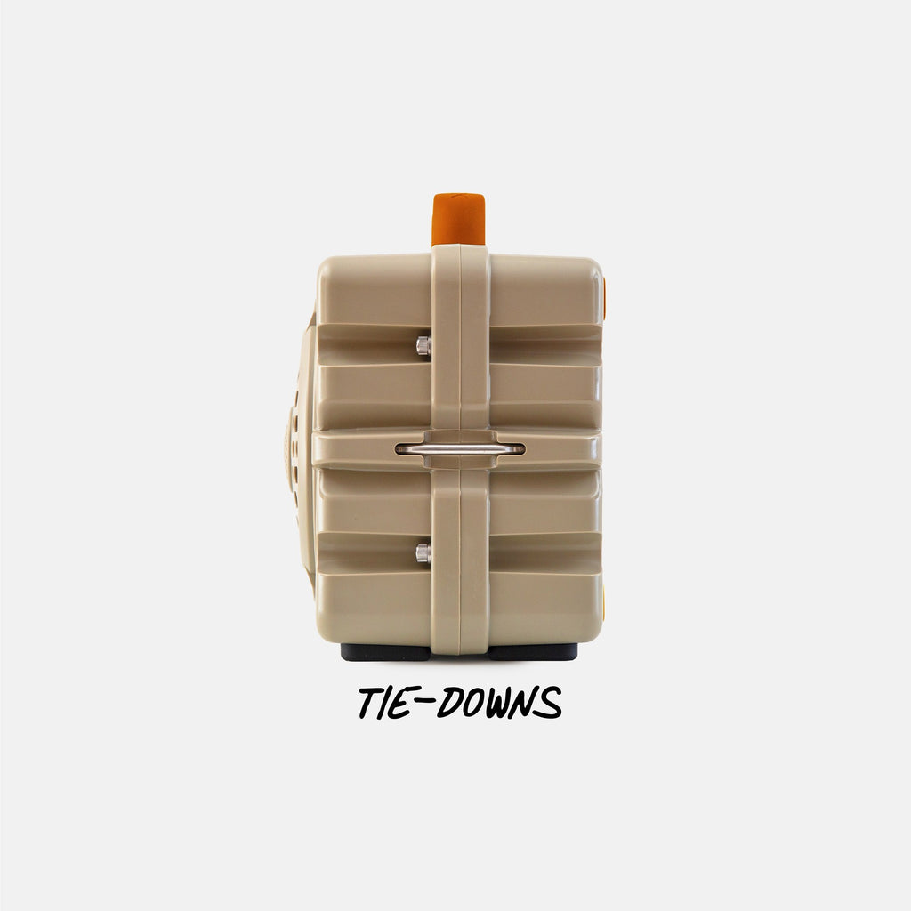 Original Gen 3 Western variant Tan and Burnt Orange Side View with Tie-Downs label #speaker-color_western