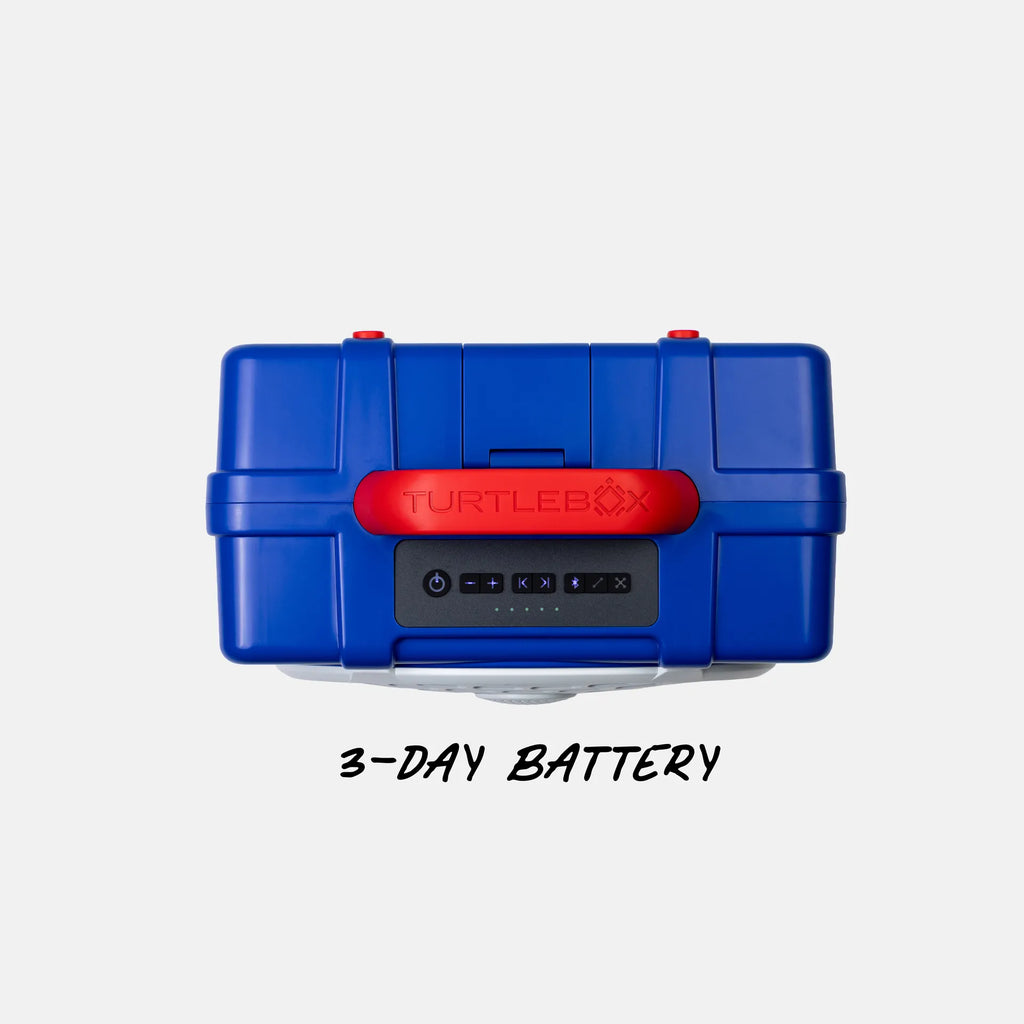 A blue hard-shell portable battery case with a red handle and a front charging port panel, shown on a light gray background with the text '3-DAY BATTERY' below.