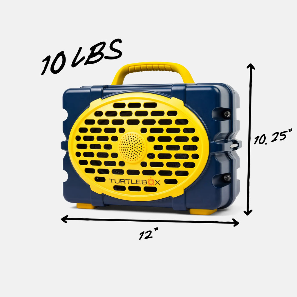 A Turtlebox portable speaker shown on a light gray background with dimension arrows and text indicating 12 inches wide, 10.25 inches tall, and 10 lbs.