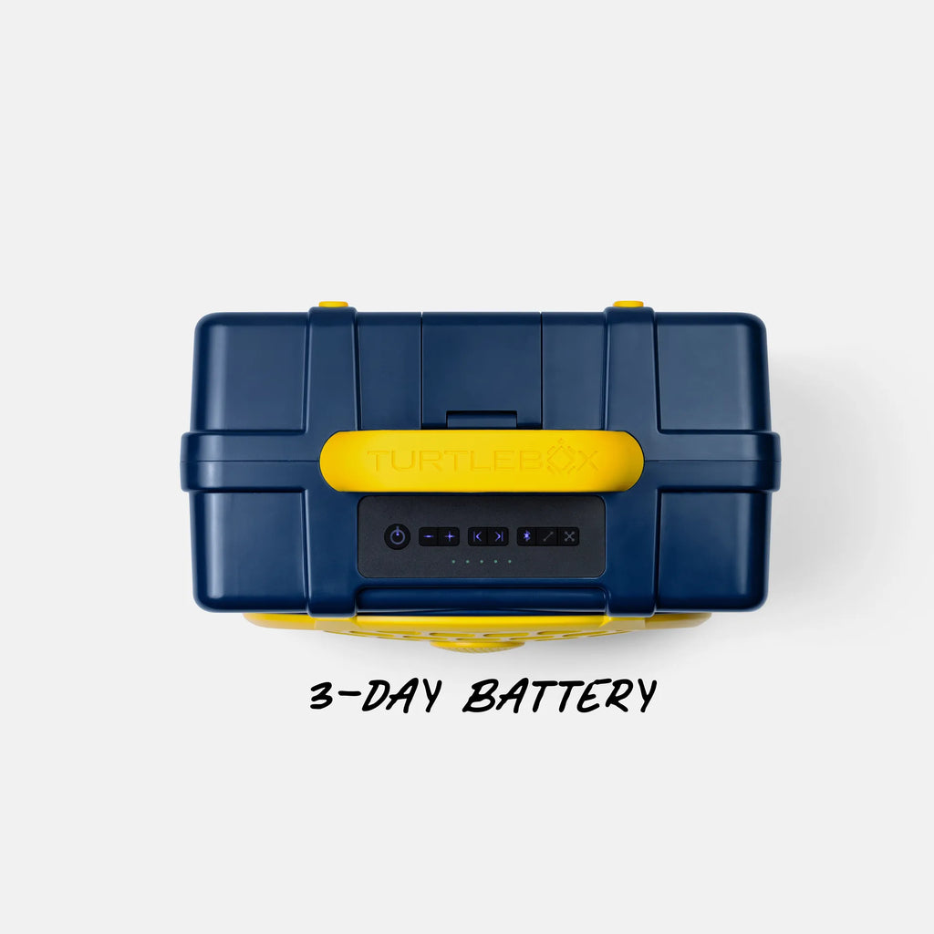 A navy hard-shell portable power station case with bright yellow accents and a front digital display, shown on a light gray background with the text '3-DAY BATTERY' underneath.