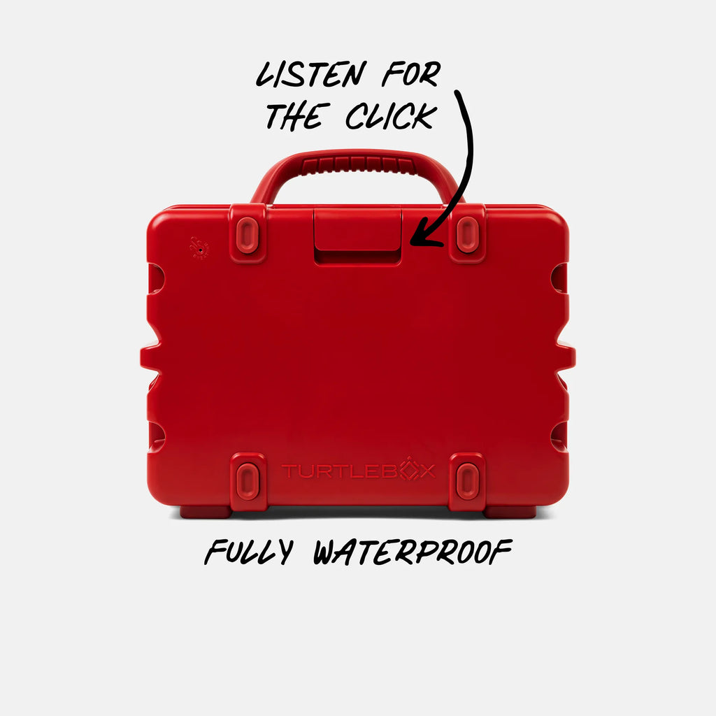A red hard-shell protective case shown from the back on a light gray background, with handwritten text reading 'LISTEN FOR THE CLICK' above it and 'FULLY WATERPROOF' below it.