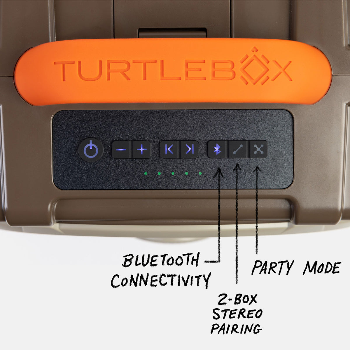 Delta Original speaker top view showing control panel, with information showing Bluetooth Connectivity, 2 Box Stereo pairing and Party Mode #speaker-color_delta