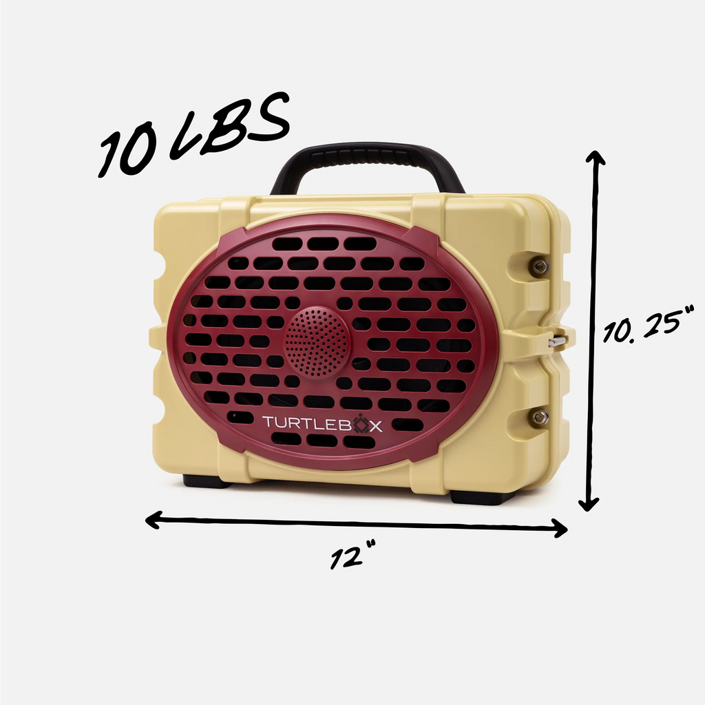 A Turtlebox portable speaker shown on a light gray background with dimension arrows and text indicating 12 inches wide, 10.25 inches tall, and 10 lbs.