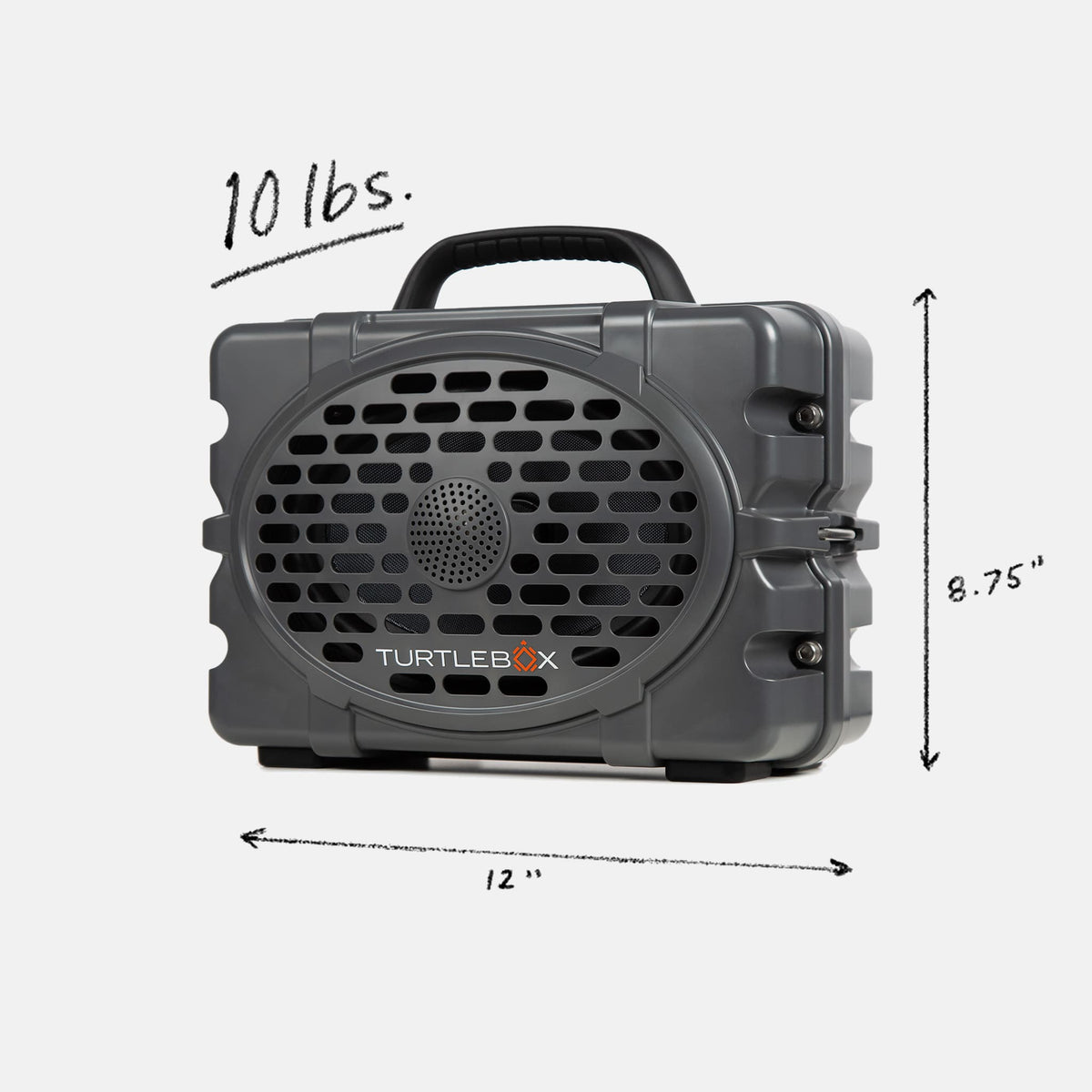 Studio shot of a Original speaker in Gray showing the weight of 10 pounds, width of 12 inches and heigh of 8.75 inches. #speaker-color_gray