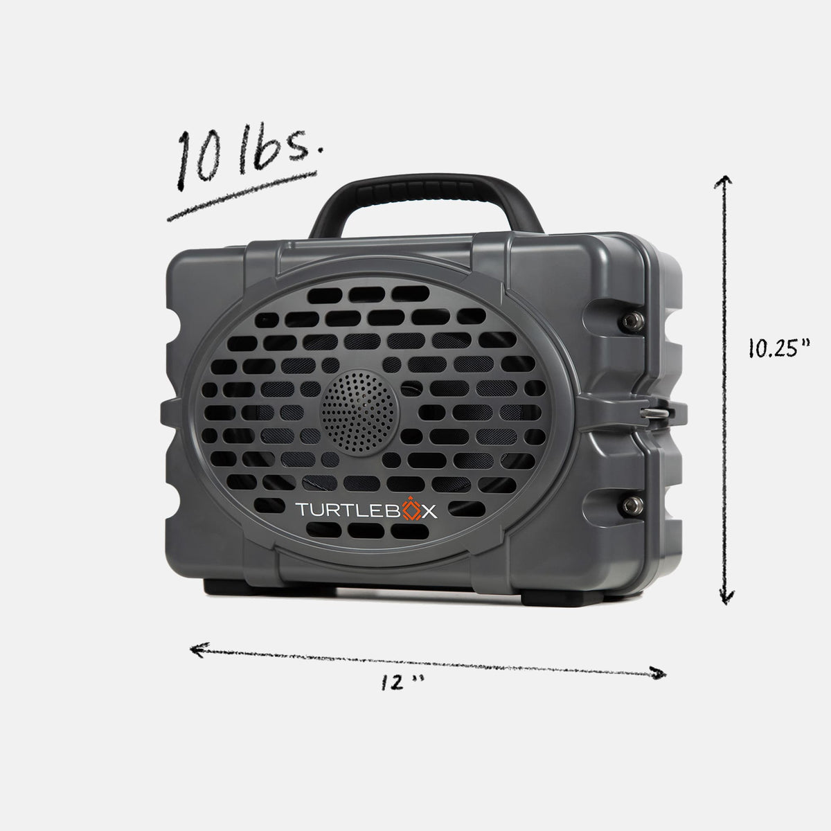 Studio shot of a Original speaker in Gray showing the weight of 10 pounds, width of 12 inches and heigh of 8.75 inches. #speaker-color_gray