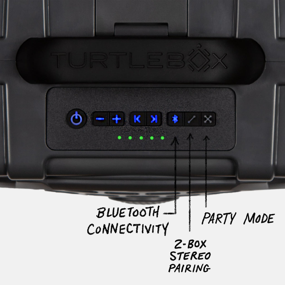 Studio shot of a Original speaker in Gray showing the panel view with all buttons and highlighting the Bluetooth connectivity, 2-Box Stereo pairing and Party mode. #speaker-color_gray