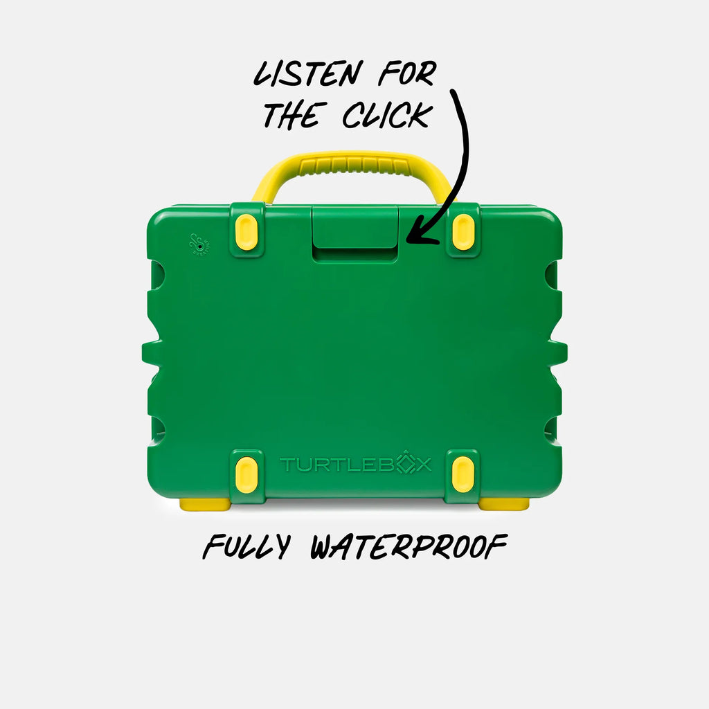 Green and yellow TurtleBox waterproof hard case shown from the back, with text overlays reading 'LISTEN FOR THE CLICK' and 'FULLY WATERPROOF' on a light gray background.