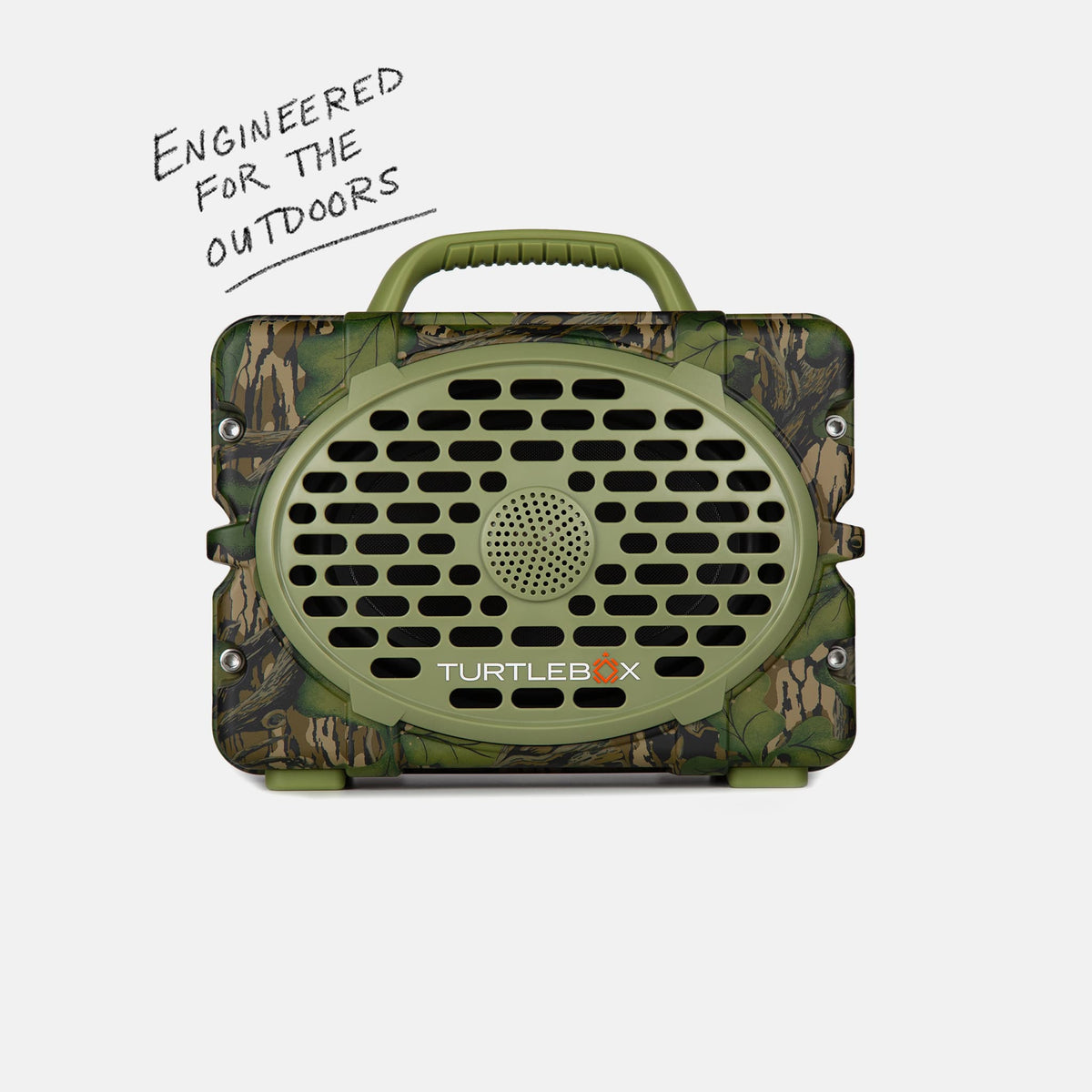 Mossy Oak Full Foliage Original speaker front view with a label saying Engineered for the Outdoors #speaker-color_full-foliage