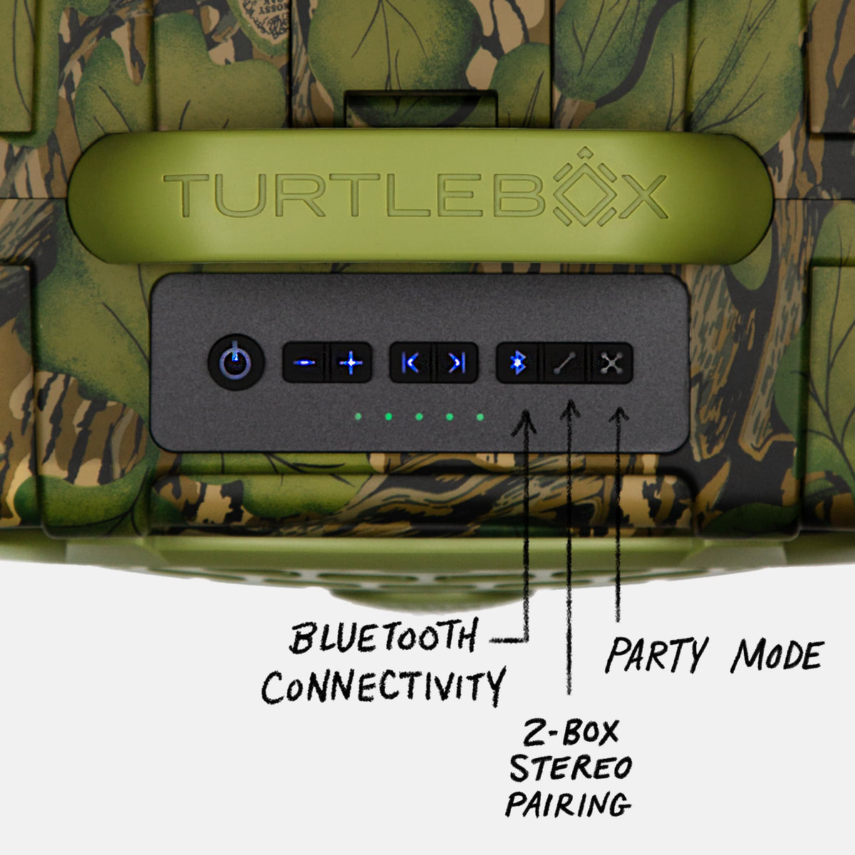 Mossy Oak Full Foliage Original speaker showing the panel view with all buttons and highlighting the Bluetooth connectivity, 2-Box Stereo pairing, and Party mode. #speaker-color_full-foliage