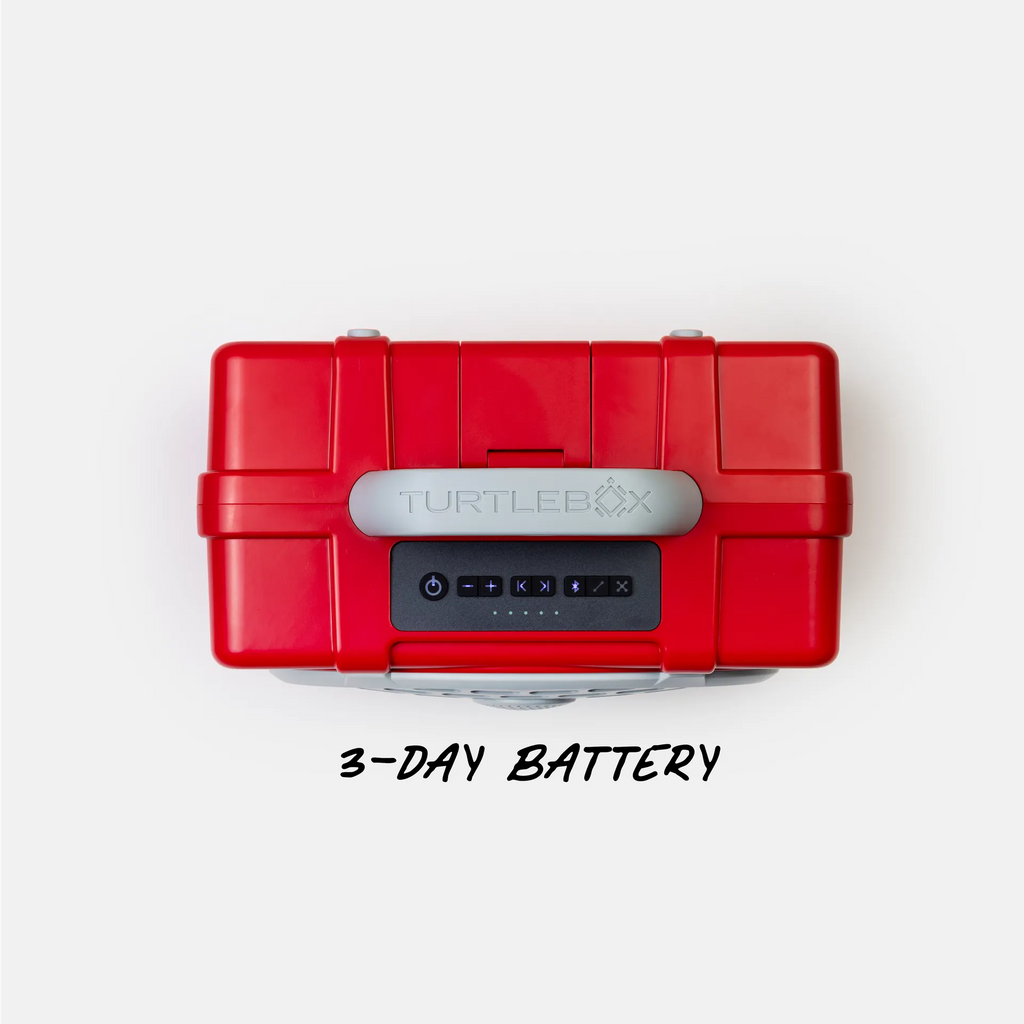A red Turtlebox portable power station with a gray handlebar and a black front control panel, shown from a top-down view on a white background with the text '3-DAY BATTERY' below.