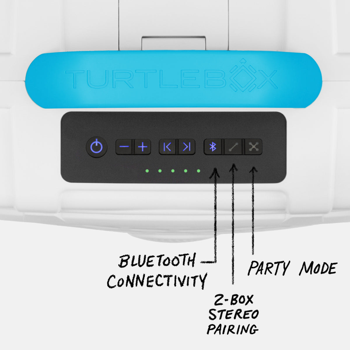 Tarpon Original speaker top view showing the panel with all buttons and highlighting the Bluetooth connectivity, 2-Box Stereo pairing, and Party mode. #speaker-color_tarpon-artist-series