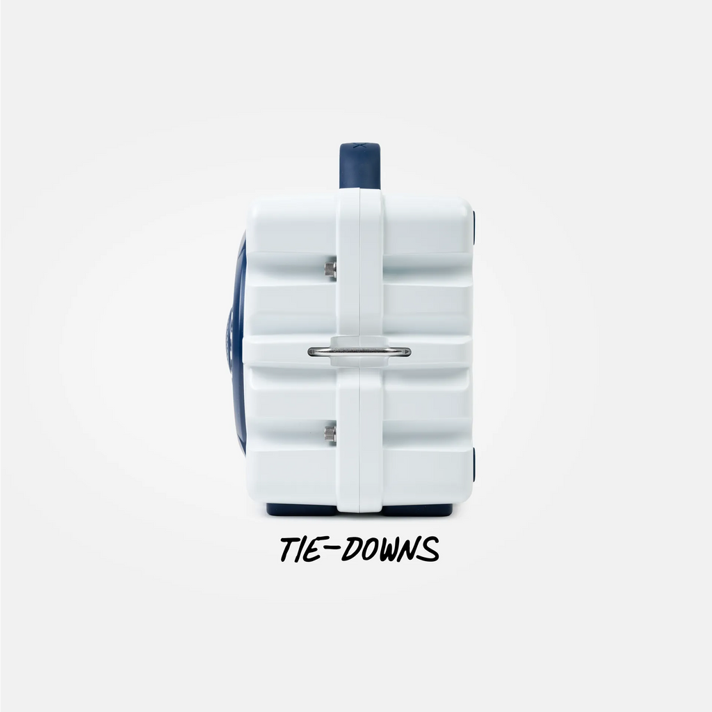 A white hard-sided suitcase with navy blue accents, shown from the back with a metal ring handle and the text 'TIE-DOWNS' printed below on a light gray background.