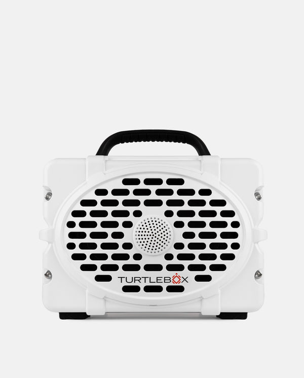 White portable heater with black handle and grille on a white background, featuring the TurtleBox logo.
