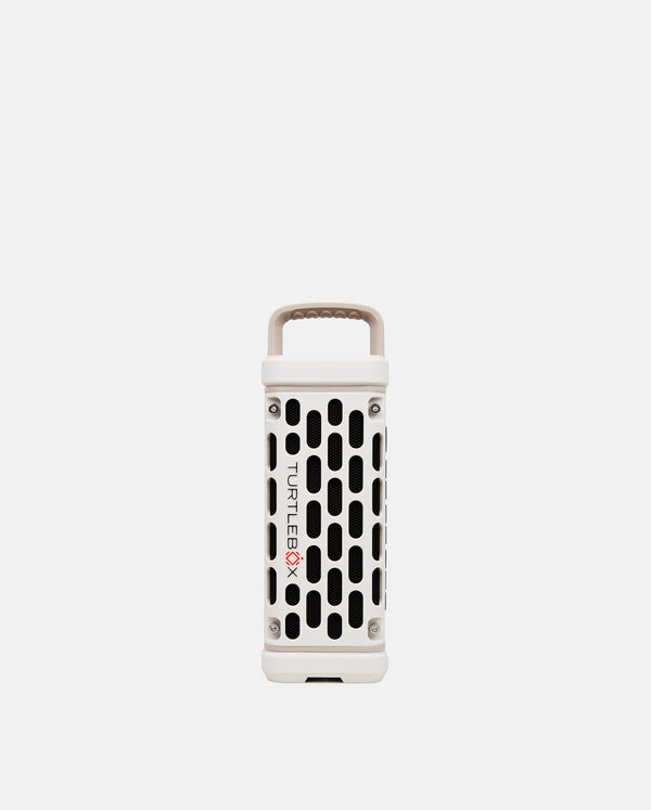 White portable air purifier with grid design on a light gray background