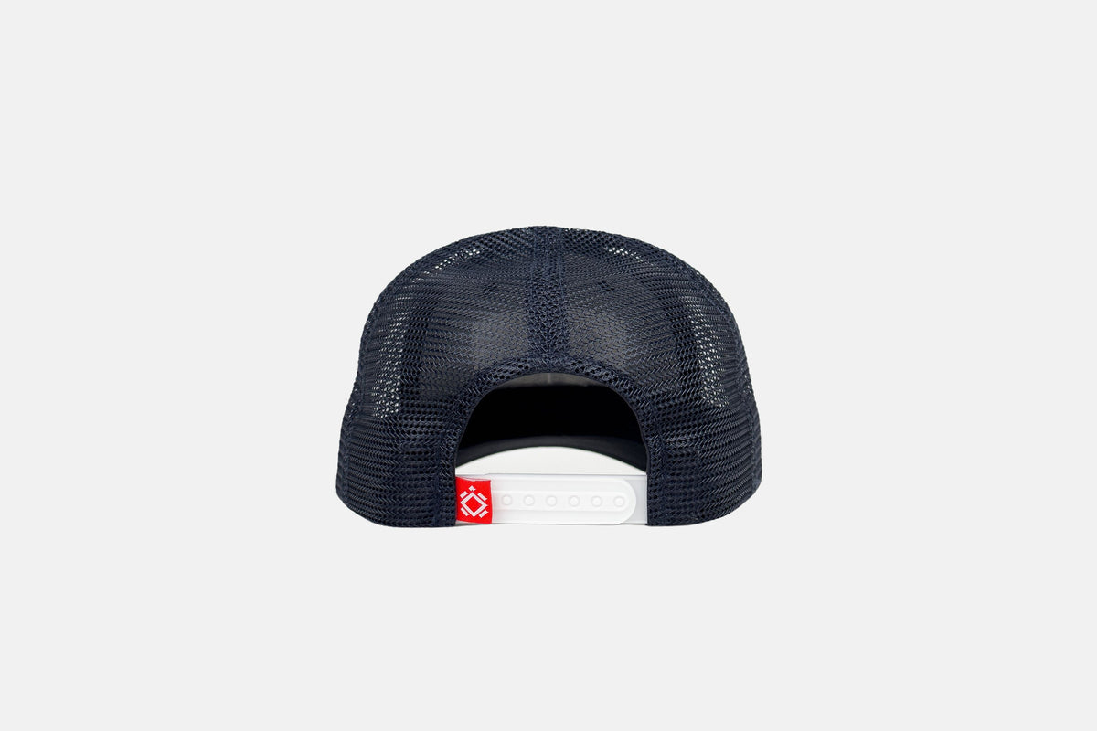 Studio back shot of the Live Free Patch Blue Hat