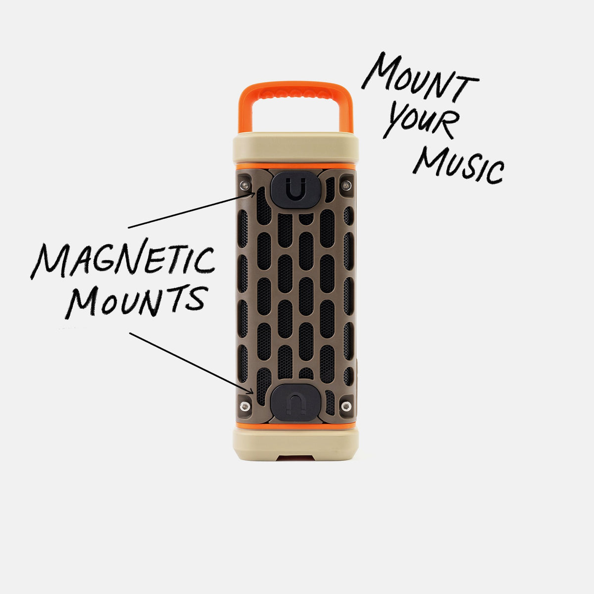 Studio shot of a Delta Ranger speaker calling out Mount your Music and showcasing the magnetic mounts. #base-color_delta