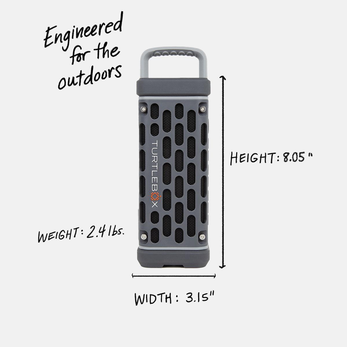 Studio shot of a Ranger in Gray showing the speaker is engineered for the outdoors with a weight of 2.4 pounds, width of 3.15 inches and heigh of 8.05 inches. #base-color_gray