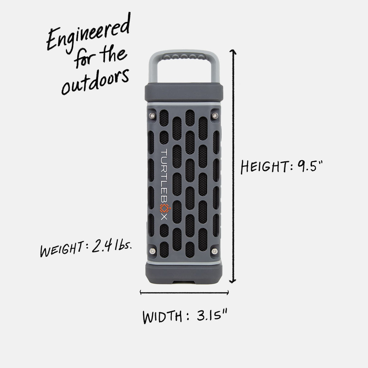 Studio shot of a Ranger in Gray showing the speaker is engineered for the outdoors with a weight of 2.4 pounds, width of 3.15 inches and heigh of 8.05 inches. #base-color_gray