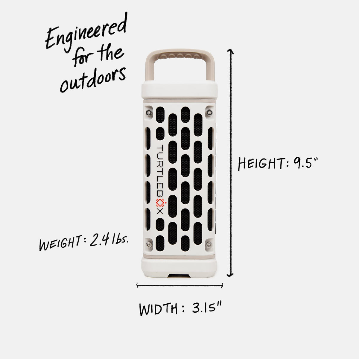 Studio shot of a Ranger in Ivory showing the speaker is engineered for the outdoors with a weight of 2.4 pounds, width of 3.15 inches and heigh of 8.05 inches. #base-color_ivory