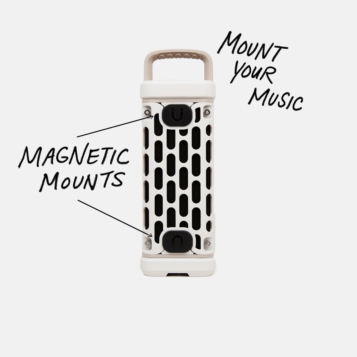 Studio shot of a Ivory Ranger speaker calling out Mount your Music and showcasing the magnetic mounts. #base-color_ivory