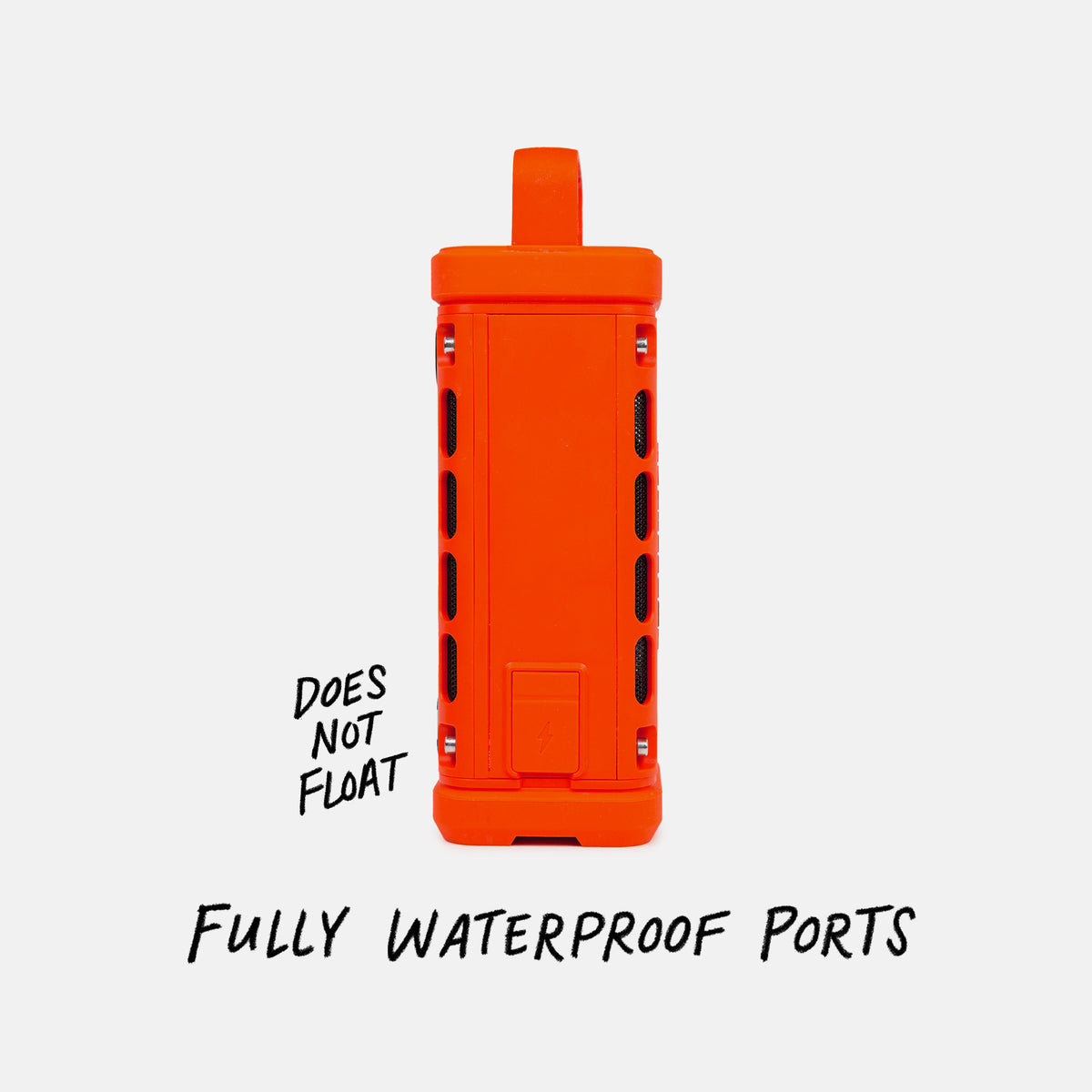 Studio shot of a Orange Ranger speaker calling out  the speaker does not float but does have fully waterproof ports. #base-color_orange