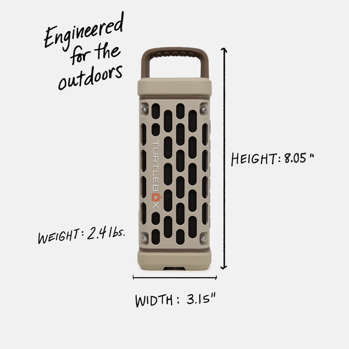 Studio shot of a Ranger in Tan showing the speaker is engineered for the outdoors with a weight of 2.4 pounds, width of 3.15 inches and heigh of 8.05 inches. #base-color_tan