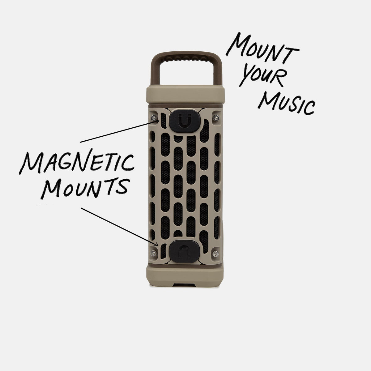 Studio shot of a Tan Ranger speaker calling out Mount your Music and showcasing the magnetic mounts. #base-color_tan