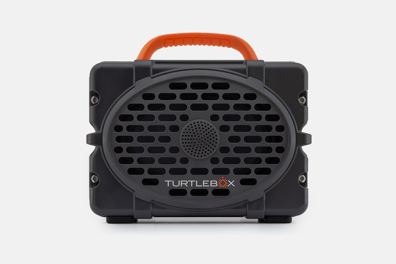 Turtlebox Original speaker in gray with blaze orange handle no-gallery
