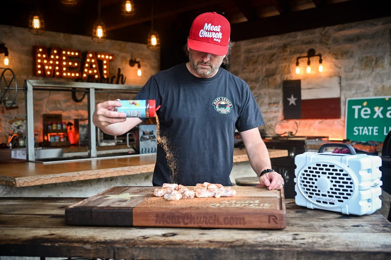 Matt preparing the meat and listening music on Turtlebox.