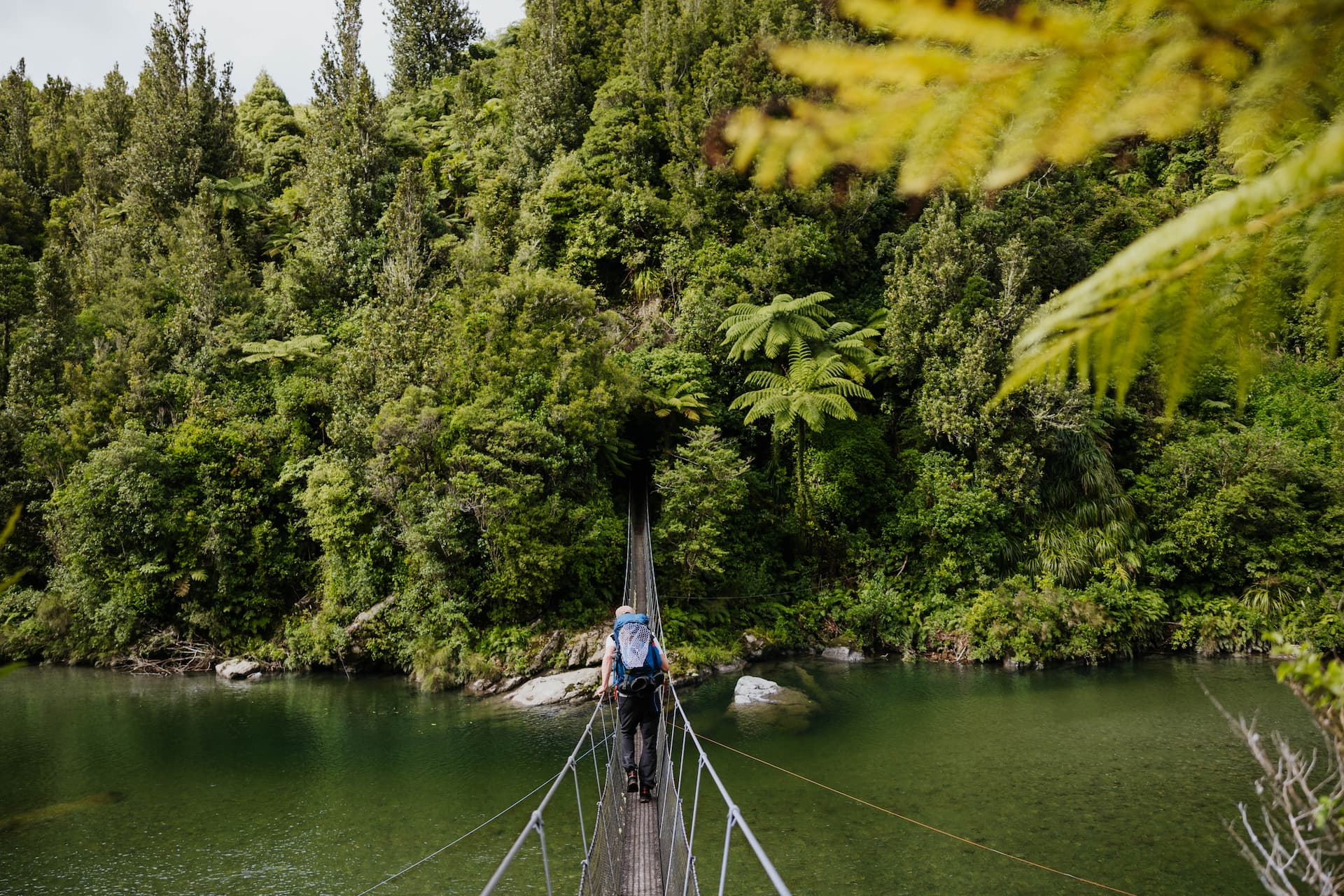 Guy walking over a narrow bridge with green water below towards tropical woods, wearing a blue backpack.