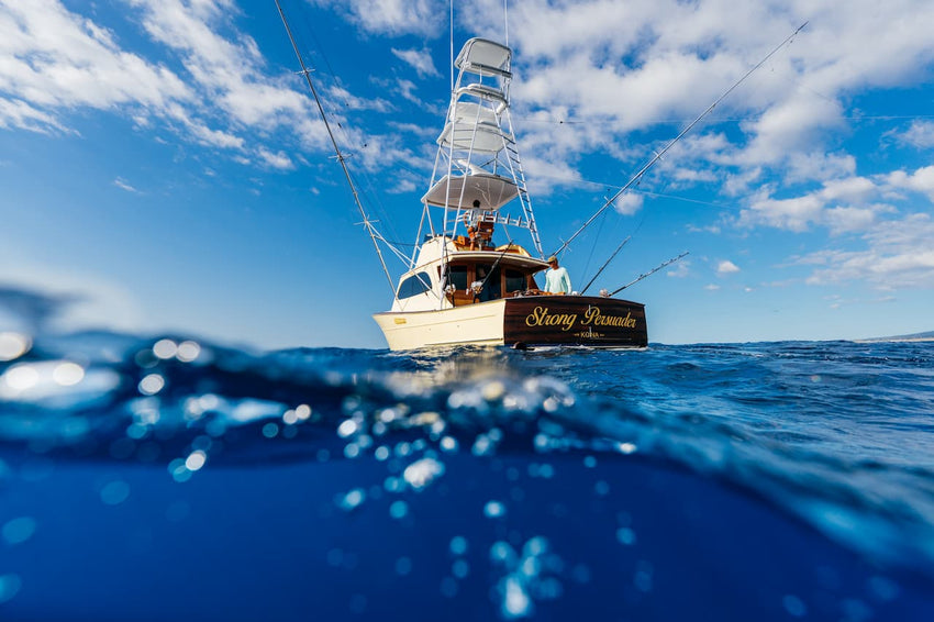Fishing boat on the ocean with clear blue sky