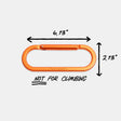 An orange metal carabiner shown on a light gray background with black dimension arrows and text indicating 6.13 inches wide by 2.