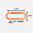 An orange metal carabiner shown on a light gray background with black dimension arrows and text indicating 6.13 inches wide by 2.