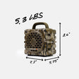 A compact portable speaker in a tan and brown camouflage pattern, shown with dimension lines and text indicating its size (7.2 x 5.