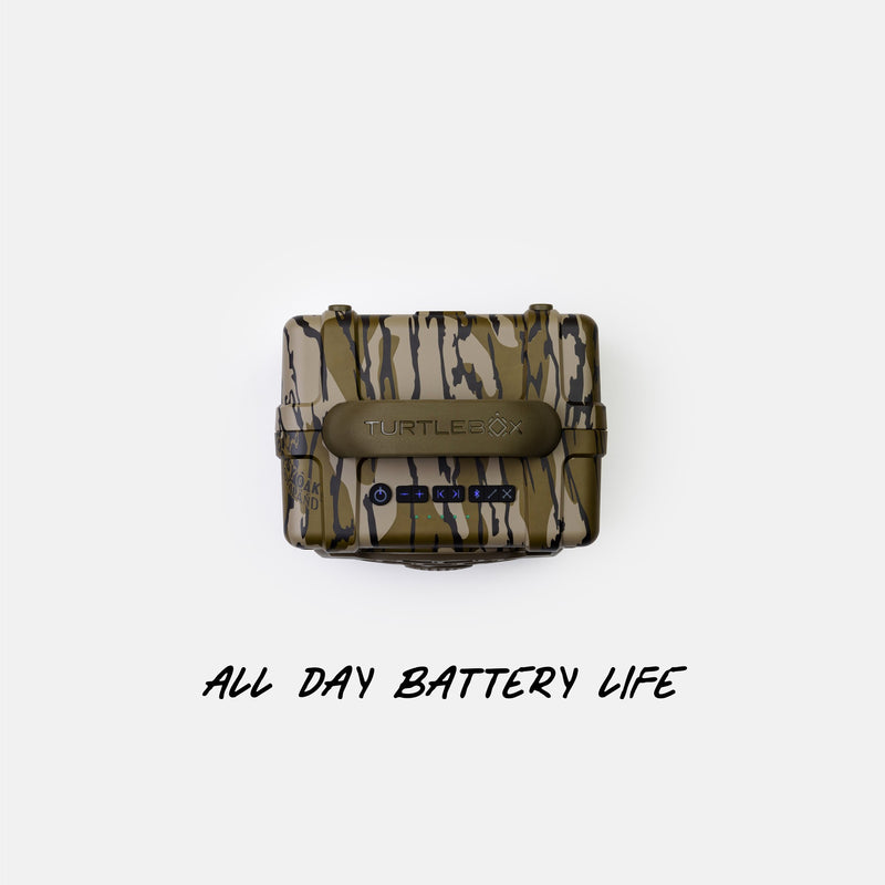 A Turtlebox waterproof battery case in a green and brown camouflage pattern, shown from a top-down view on a light gray background with the text 'ALL DAY BATTERY LIFE' underneath.